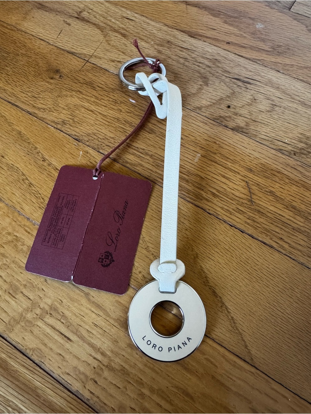 Loro Piana Ivory Leather Ring Key Fob with Silver-Tone Accent